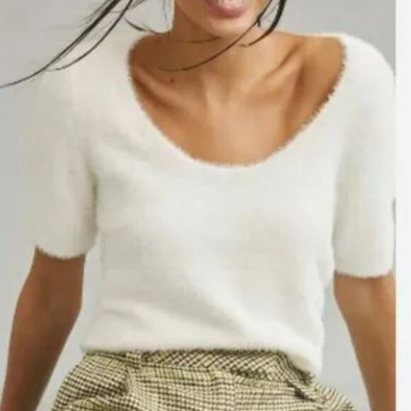 Anthropologie Maeve Cream Off White Short Sleeve Eyelash Sweater XS - Picture 1 of 8